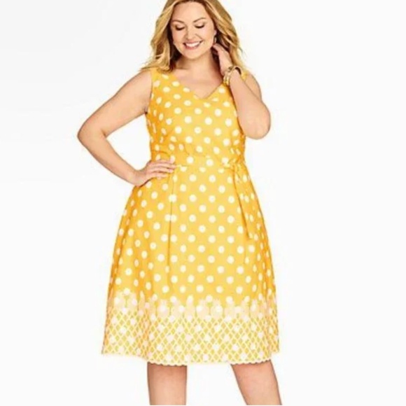 Talbots Yellow and White Polka Dot Midi Embroidered Pineapples Dress 24W - Picture 1 of 14